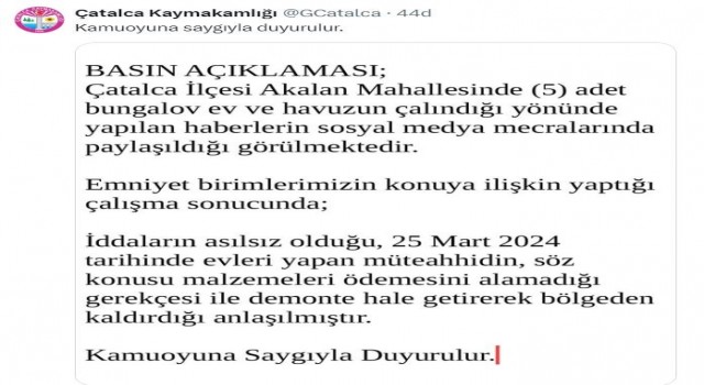 Çatalca Kaymakamlığından bungalov ev açıklaması