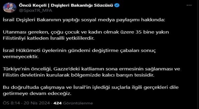 Dışişleri Sözcüsü Keçeli: Utanması gereken İsrailli yetkililerdir