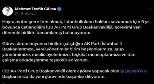 Esenler Belediye Başkanı Tevfik Göksunun İBB Meclisindeki AK Parti Grup Başkanvekilliği görevi sona erdi