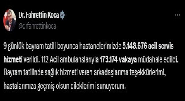 Ramazan Bayramı tatili boyunca 5 milyon 148 bin 676 acil servis hizmeti verildi