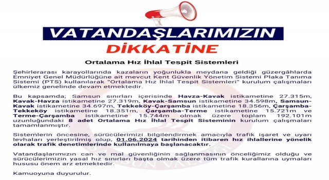 Samsunda Ortalama Hız İhlal Tespit Sistemi 1 Hazirandan itibaren devrede