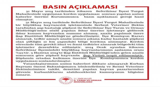 Seferihisardaki şap şüphesi asılsız çıktı